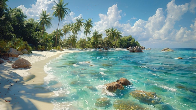 a picture of a beach with palm trees and the ocean in the background