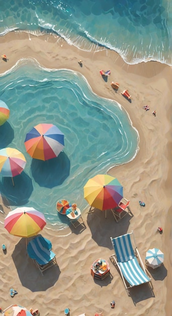 a picture of a beach with a rainbow umbrella and chairs