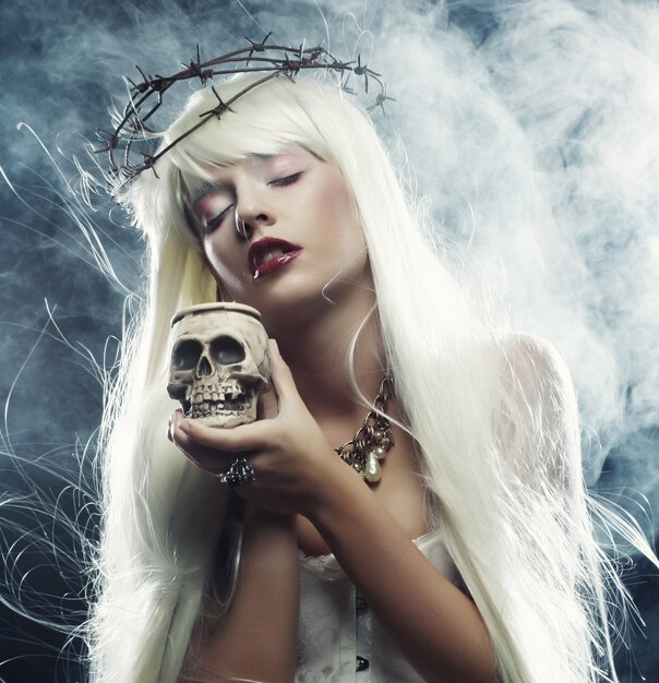 Picture a beautiful angelic long hair woman with skull