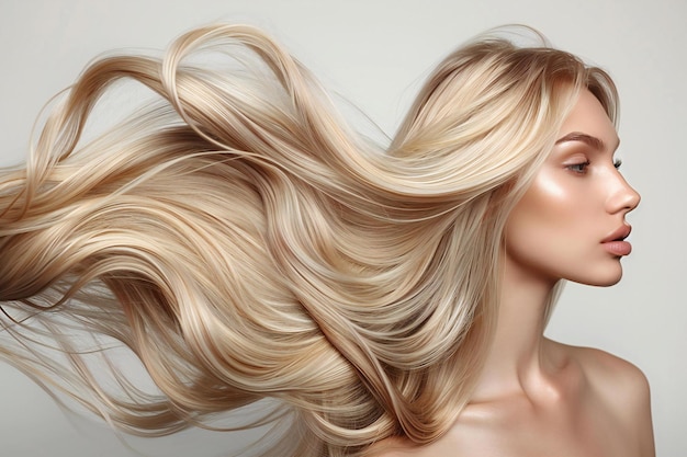 Picture Beautiful blonde woman with long flowing hair viewed from back against white background