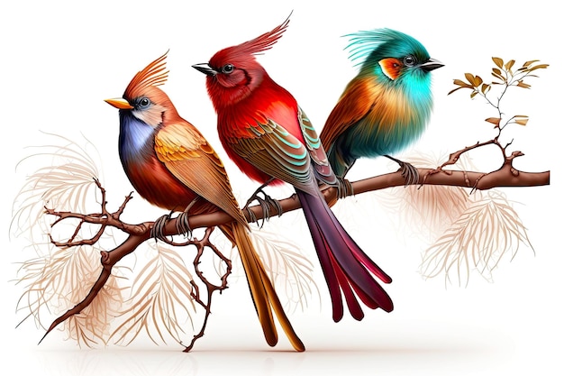 Picture of beautiful royal birds on thin branch isolated on white background generative ai