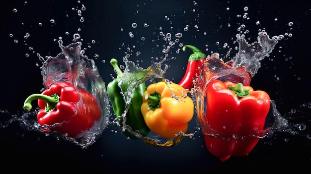 A picture of bell peppers being dropped into water