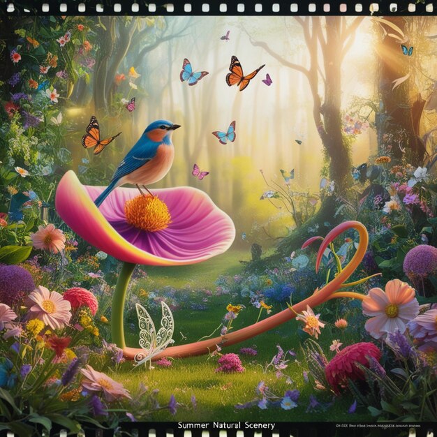 a picture of a bird with butterflies and butterflies