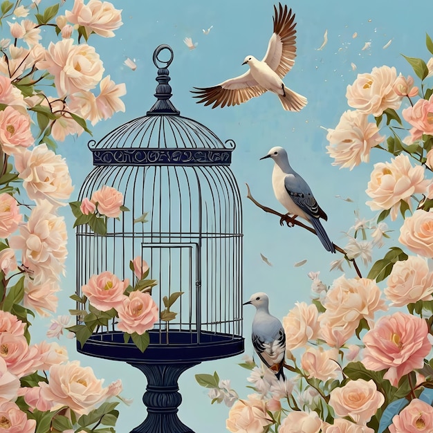 a picture of a birdcage with a bird in it