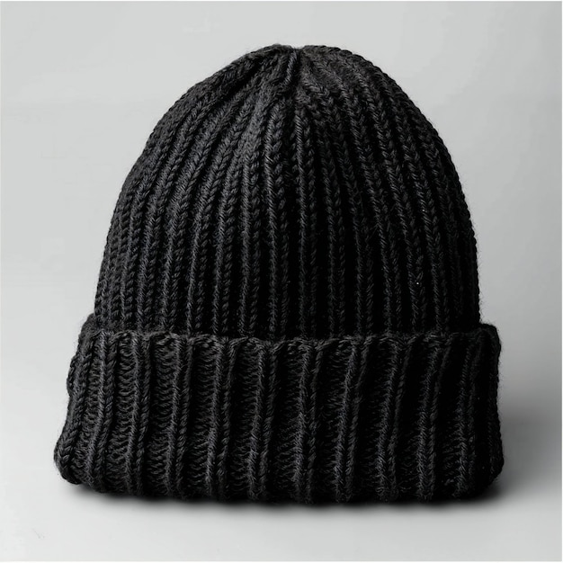 Picture a black knitted beanie hat photographed high quality high resolution