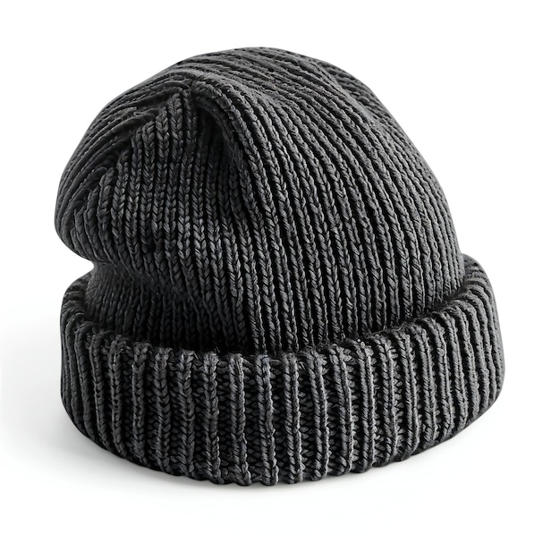 Picture a black knitted beanie hat photographed high quality high resolution