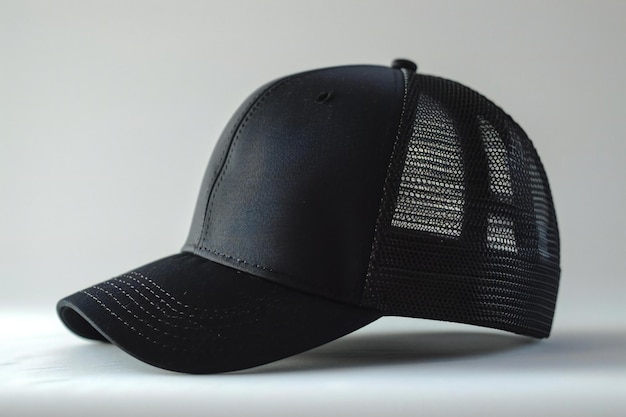 Photo picture black trucker hat mockup on white background side view the cap is solid black with no desi