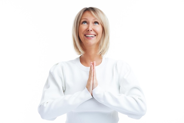 Picture of blonde woman isolated over white background