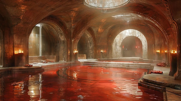 a picture of a boat in a large room with a red ceiling