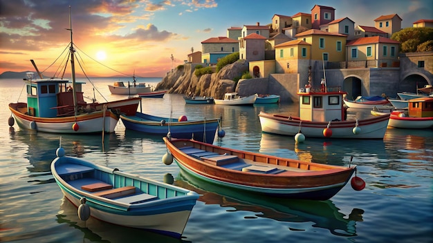 a picture of boats in the water with a sunset in the background