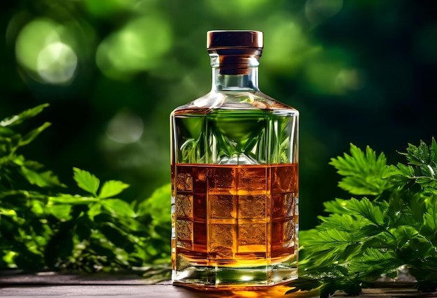 Picture of bottle of whiskey on green nature blur background