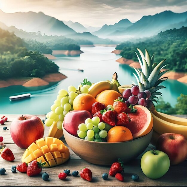 a picture of a bowl of fruit with a lake in the background