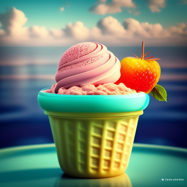 A picture of a bowl of ice cream with a strawberry on it.