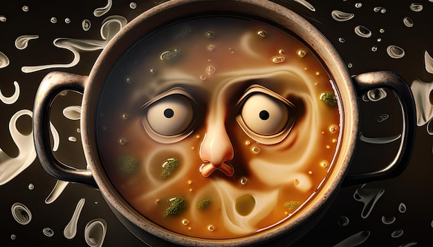 A picture of a bowl of soup with a face with two eyes and a face with a green substance on it.