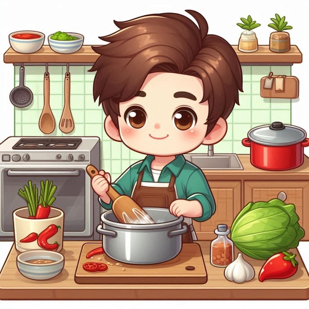 Photo a picture of a boy cooking in a kitchen with a bowl of vegetables