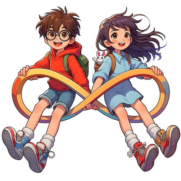 a picture of a boy and girl on a infinity colored ring