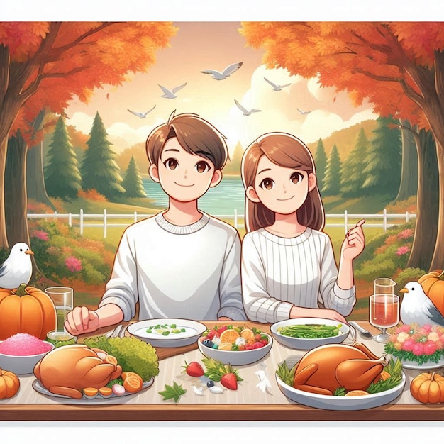 a picture of a boy and girl sitting at a table with food and a bird flying in the background