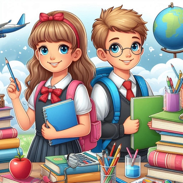 Photo a picture of a boy and girl with glasses and a book with the word world on it