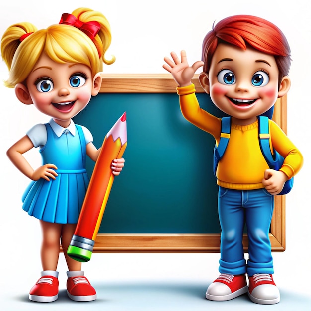 a picture of a boy and a pencil with a girl pointing at it