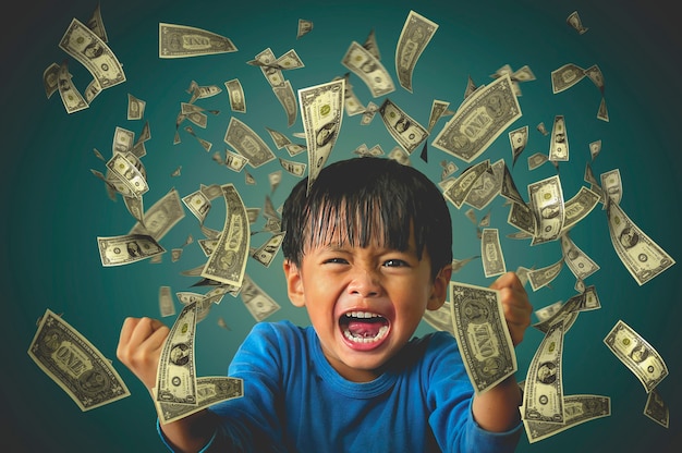 A picture of a boy showing a happy mood with a floating dollar. The concept of good luck and winning