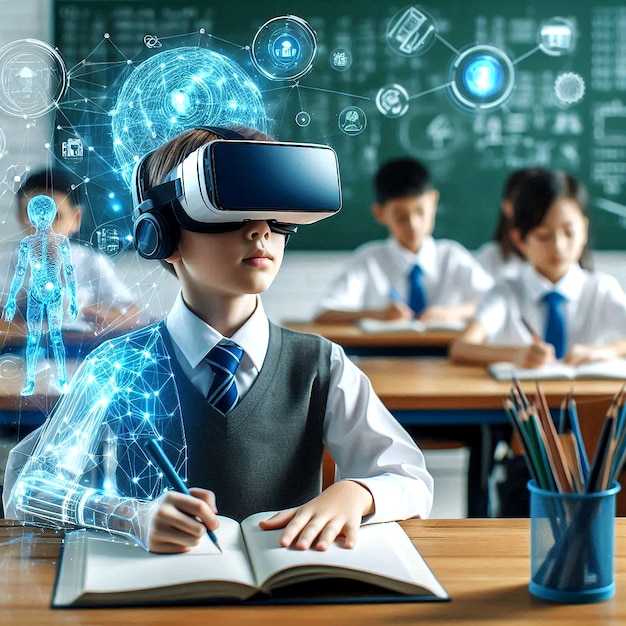 a picture of a boy wearing a virtual virtual virtual reality headset