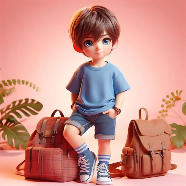 a picture of a boy with a blue shirt and a bag with a bag on it