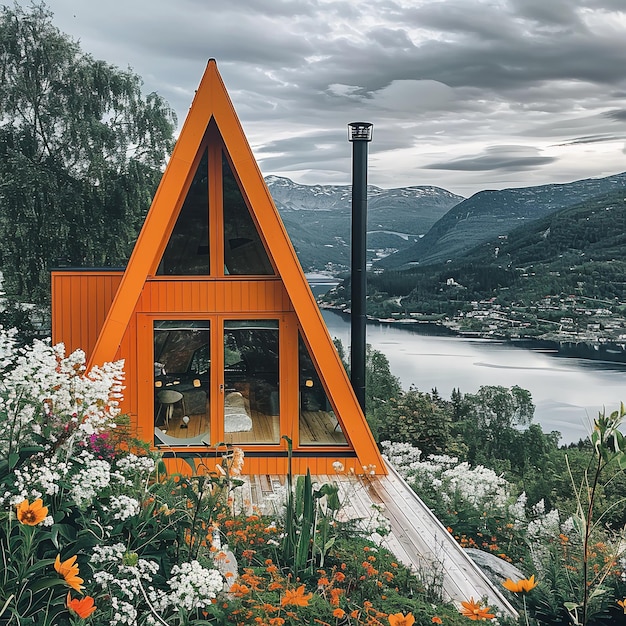 Photo picture of a brilliant orange triangular norwegian cube cabin with mountains in the backdrop and white flowers reminiscent of folk art emerging from a chimney generative ai