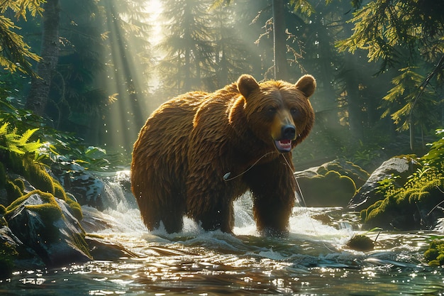 Picture Brown bear standing in river fishing for salmon forest backdrop sunlight filtering throug