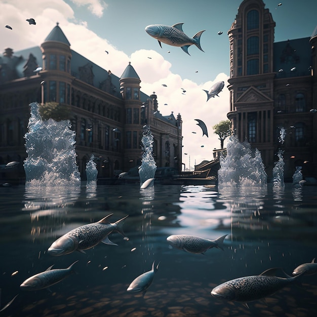 A picture of a building with a fish swimming in the water.