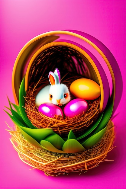 a picture of a bunny and eggs in a nest.