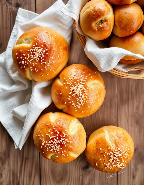 Photo picture buns with sesame seeds on a wooden background napkin and bread rolls in a basket top view