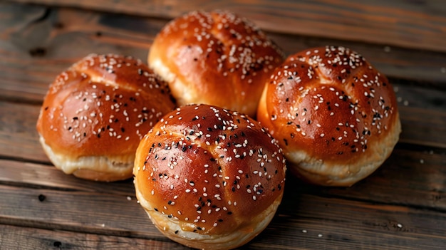 Picture Buns with sesame seeds on a wooden background viewed from above gentle light with high res