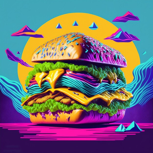 a picture of a burger with a purple background with a picture of a place called a sandwich