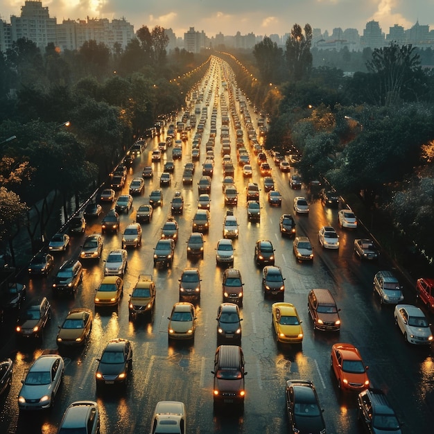 Photo a picture of a busy street with cars and a street light