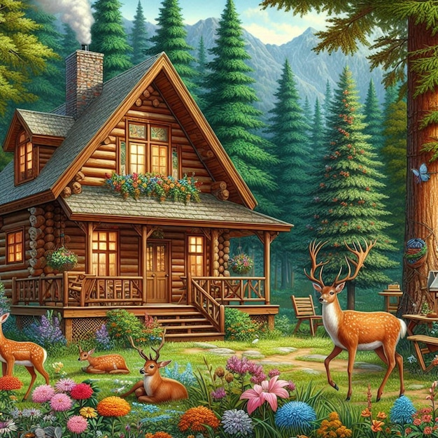 a picture of a cabin with deer in the woods