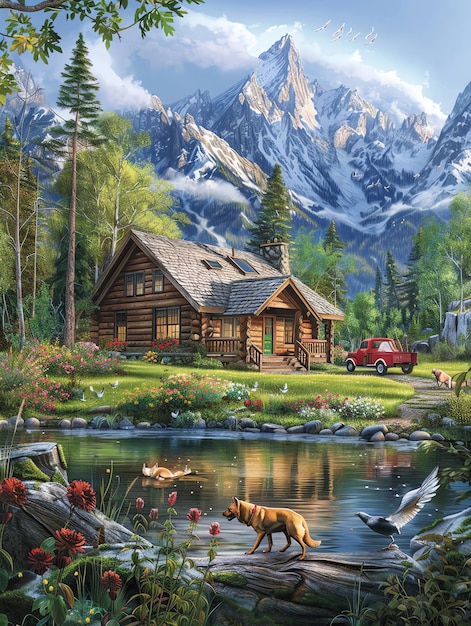 a picture of a cabin with a dog on it