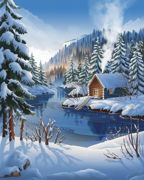 a picture of a cabin with a snowy mountain in the background