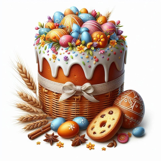 a picture of a cake with a box of easter eggs and chocolate cookies