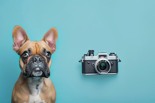 a picture of a camera and a picture of a dog on a blue background