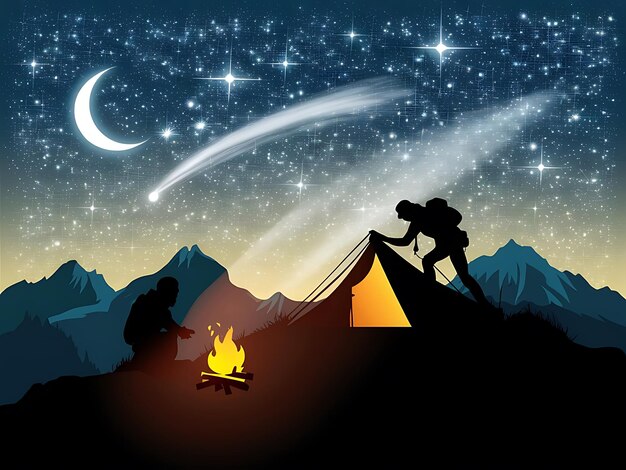 Photo a picture of a campfire with a man and a woman looking at the stars