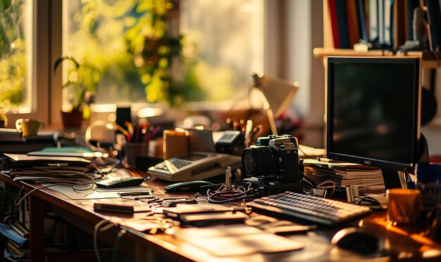 Picture Capturing a Busy Office Desk During