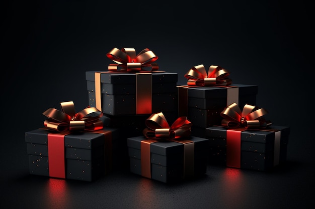 A picture capturing a scene of red and black gifts isolated on a dark background