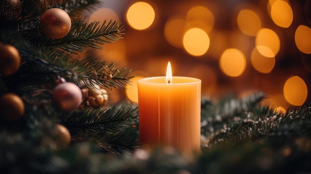 A picture capturing the warm glow of a lit Christmas candle surrounded by evergreen branches