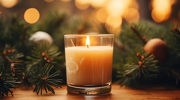 A picture capturing the warm glow of a lit Christmas candle surrounded by evergreen branches