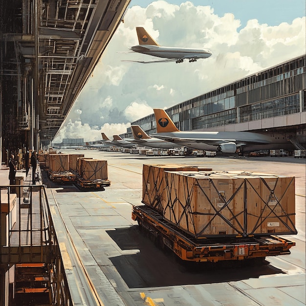 a picture of cargo containers on a runway with a cargo ship in the background