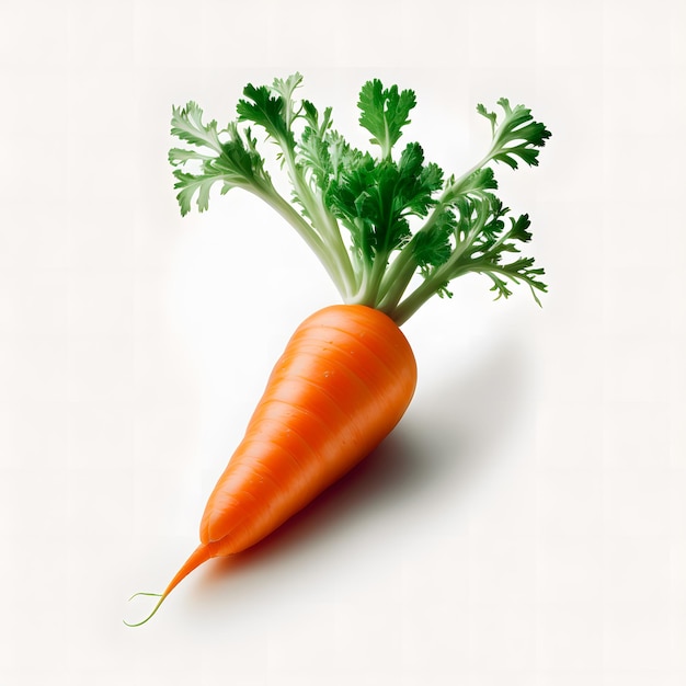 A picture of a carrot with green leaves and a white background.