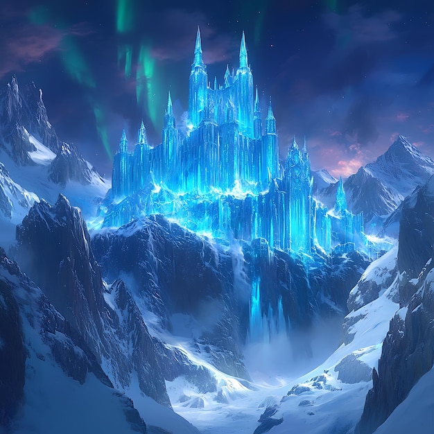 a picture of a castle with the aurora borealis on the top