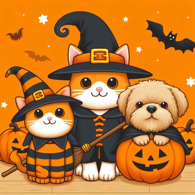 a picture of a cat and two dogs with a pumpkin on it