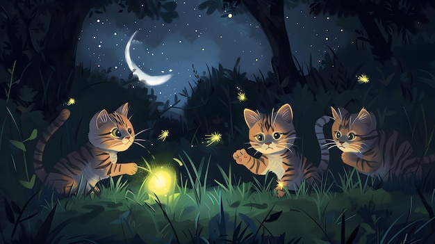 a picture of cats in the forest with a moon and stars