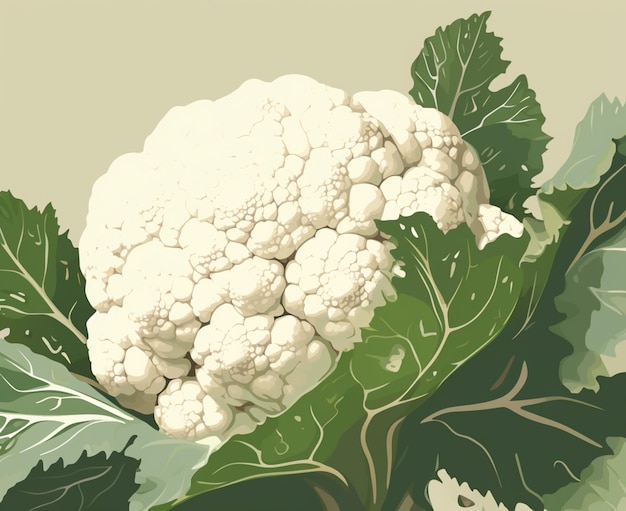 A picture of a cauliflower with green leaves and the words cauliflower on it.